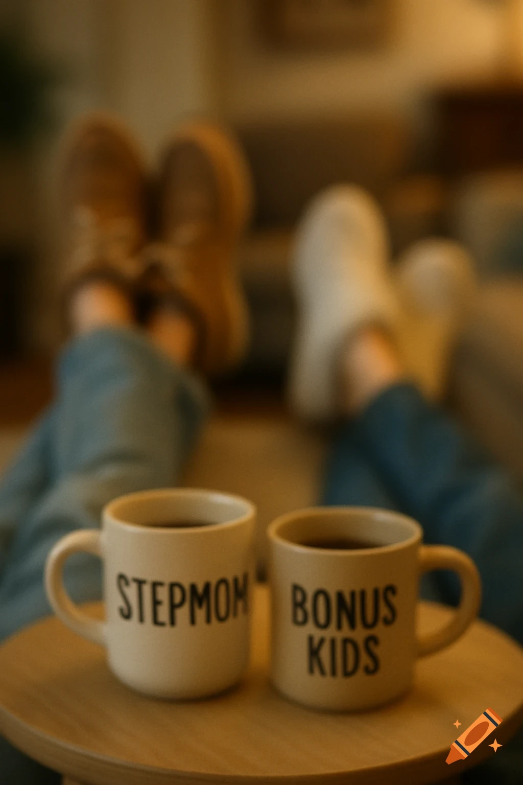 Two coffee mugs on a table in the foreground, one saying 'STEPMOM' and the other 'BONUS KIDS'. In the blurred background, two pairs of feet in shoes are visible, suggesting a cozy setting.