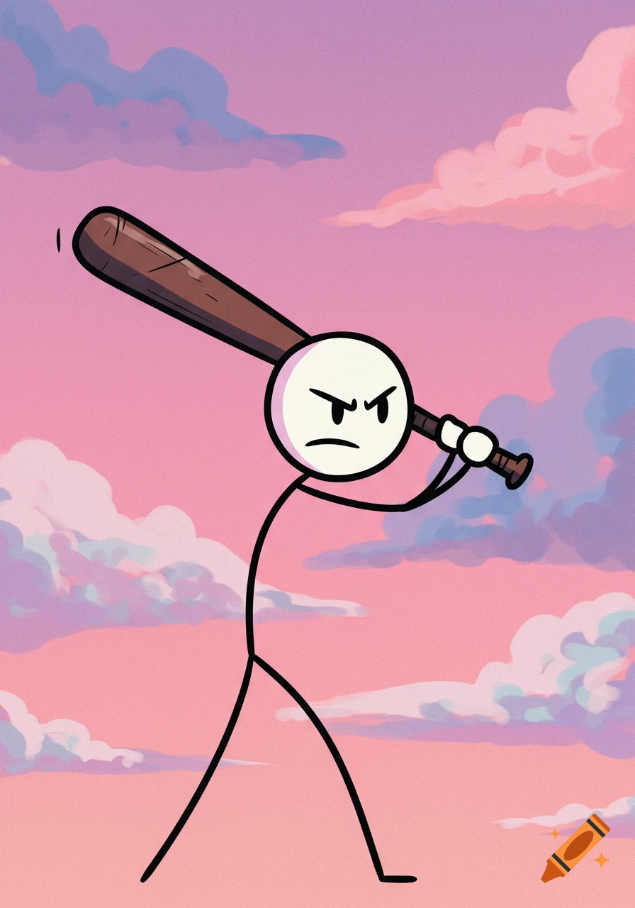 A stick figure with an angry expression holds a baseball bat against a pink and purple sky.