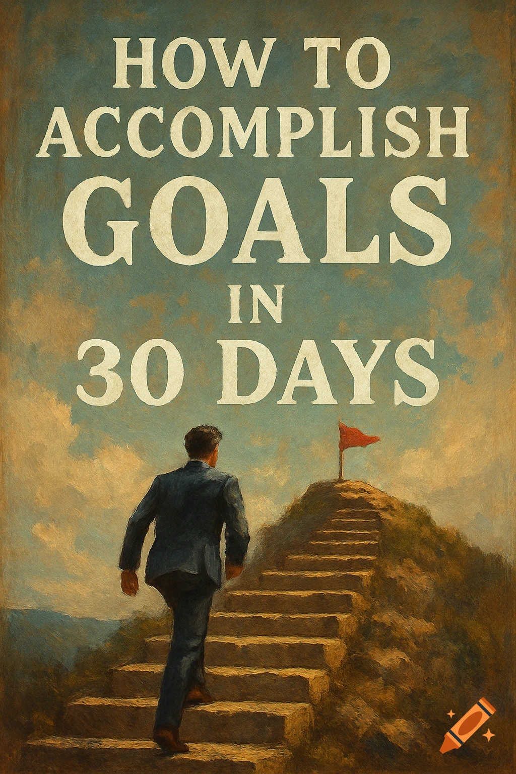 A man in a suit walks up stairs towards a red flag on a hill. Book cover text: 'HOW TO ACCOMPLISH GOALS IN 30 DAYS'.