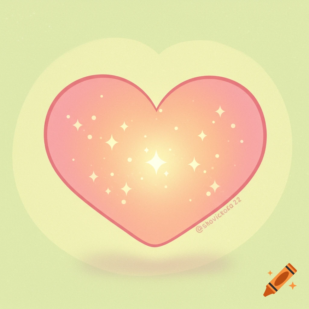 A stylized pink and orange glowing heart with sparkles on a green background.