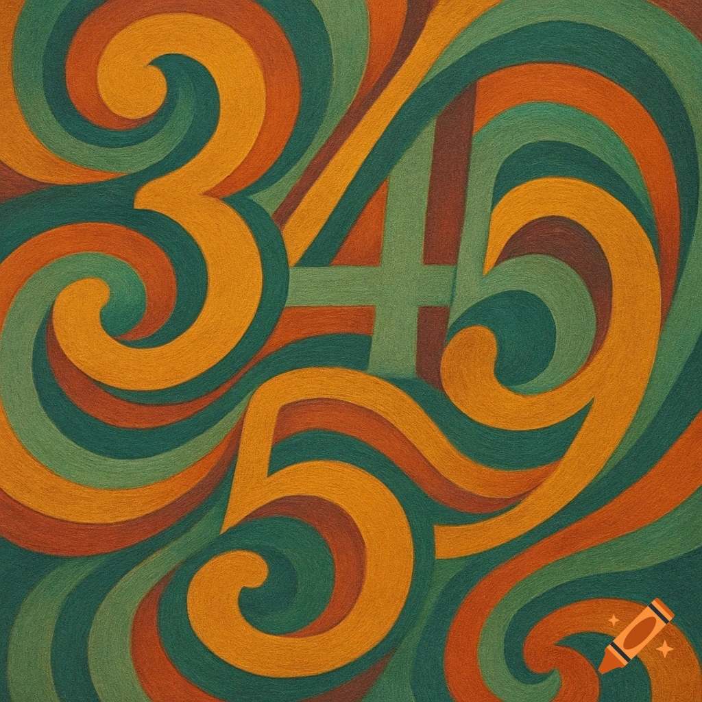 Abstract art with numbers 3, 4, and 5 embedded in swirling orange, green, and brown patterns, creating an optical illusion with a textured appearance.