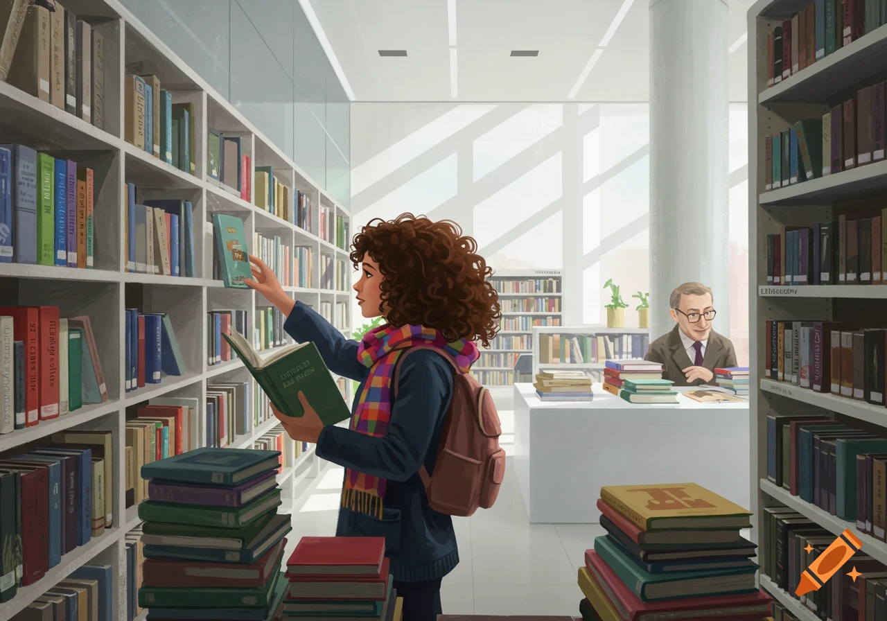 A young woman with curly hair and a colorful scarf reaches for a book on a shelf in a brightly lit modern library, as an older man sits at a desk in the background.