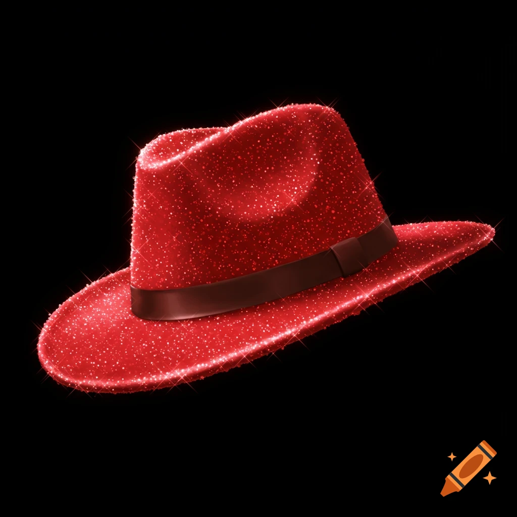 A vibrant red fedora hat, covered in sparkling glitter, set against a solid black background.