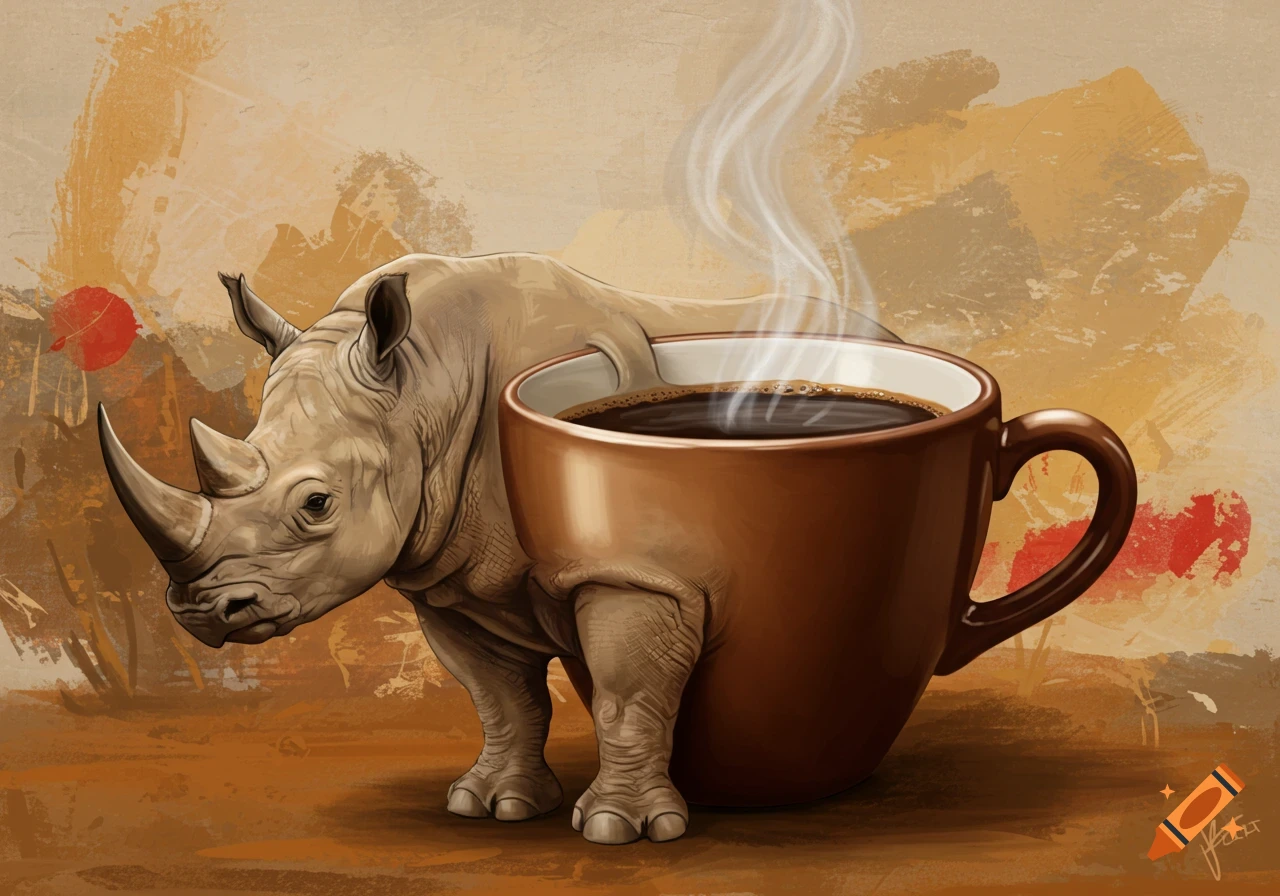 An illustration of a rhinoceros with a brown coffee cup for its body, standing on an earthy background with steam rising from the cup.