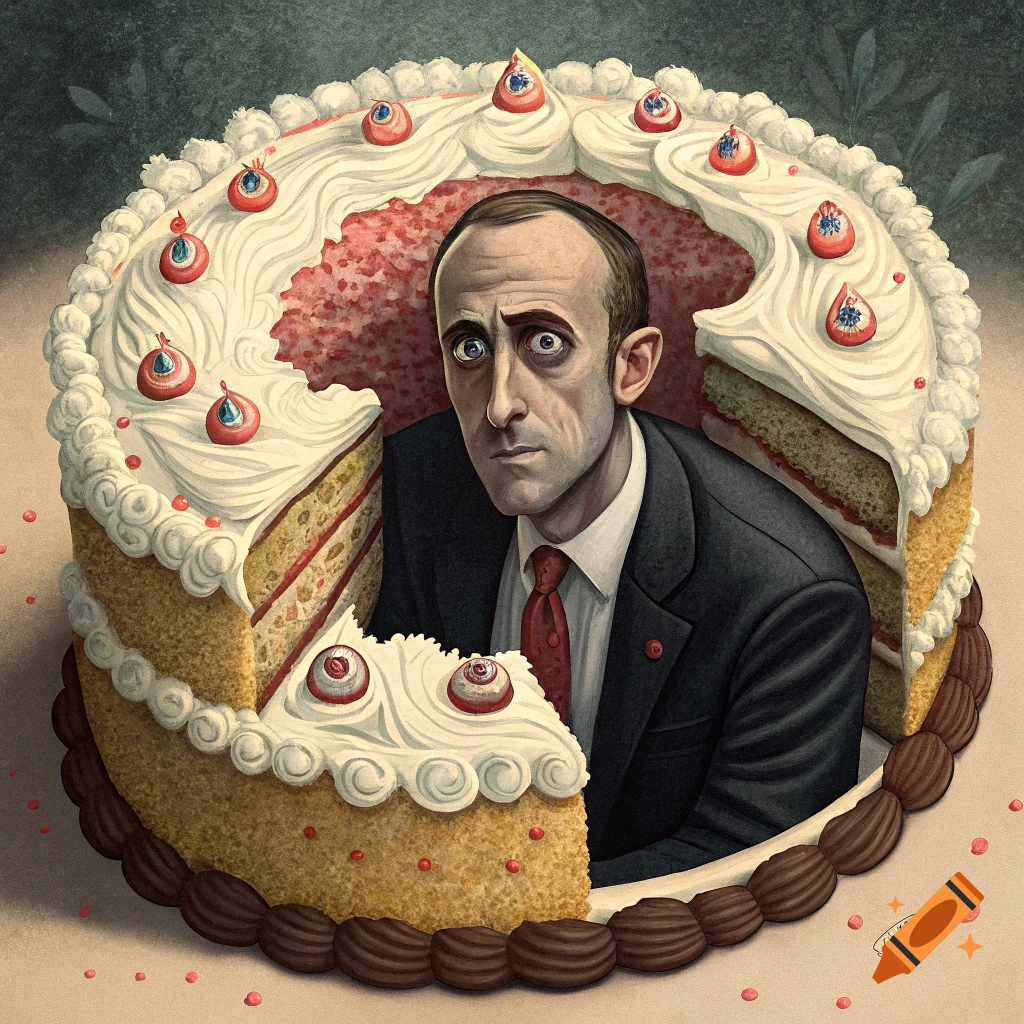 A man with unsettling eyes in a suit emerging from a large, partially eaten cake decorated with white frosting and stylized eyeballs.