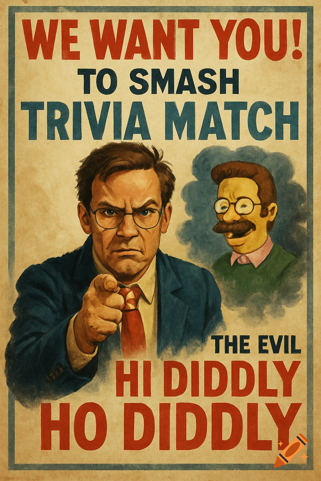 Vintage style poster featuring a man in glasses pointing like Uncle Sam, next to a cartoon character resembling Ned Flanders. Text reads: WE WANT YOU! TO SMASH TRIVIA MATCH THE EVIL HI DIDDLY HO DIDDLY.