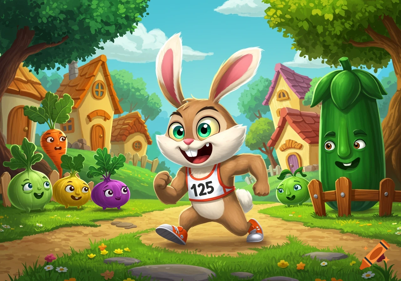 A happy cartoon bunny with number 125 on its bib runs a race through a colorful village with smiling anthropomorphic vegetables.
