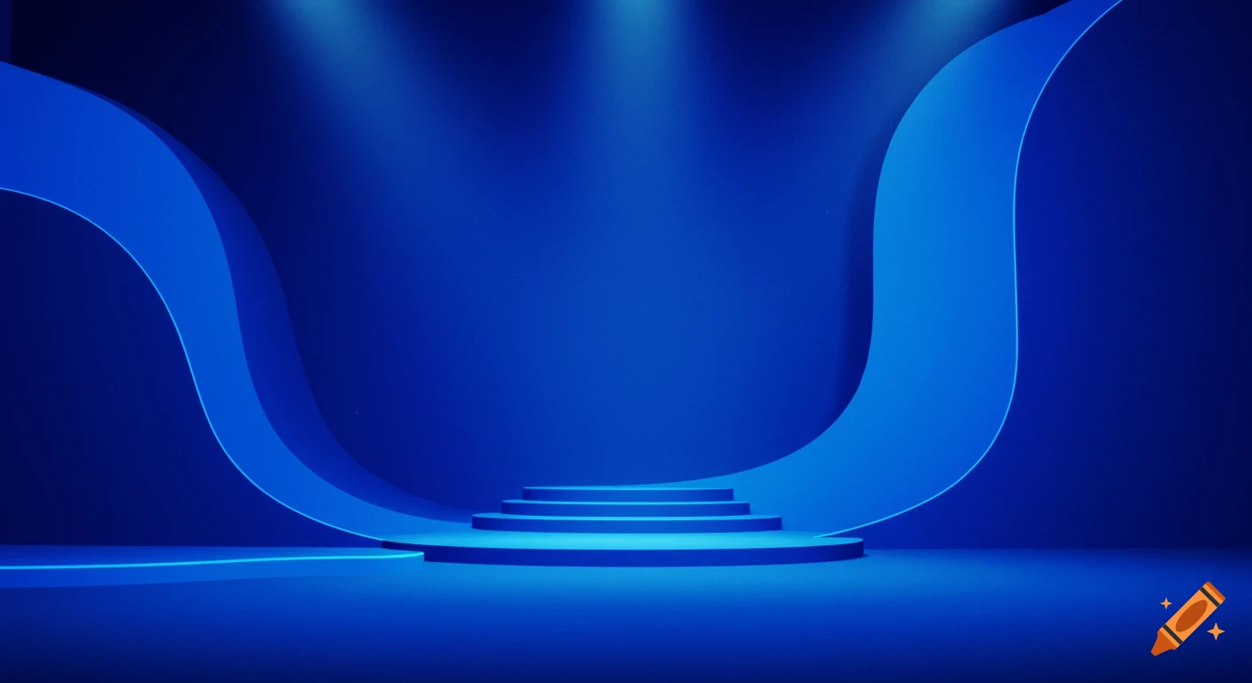 Blue stage background with curved elements, steps, and spotlights.