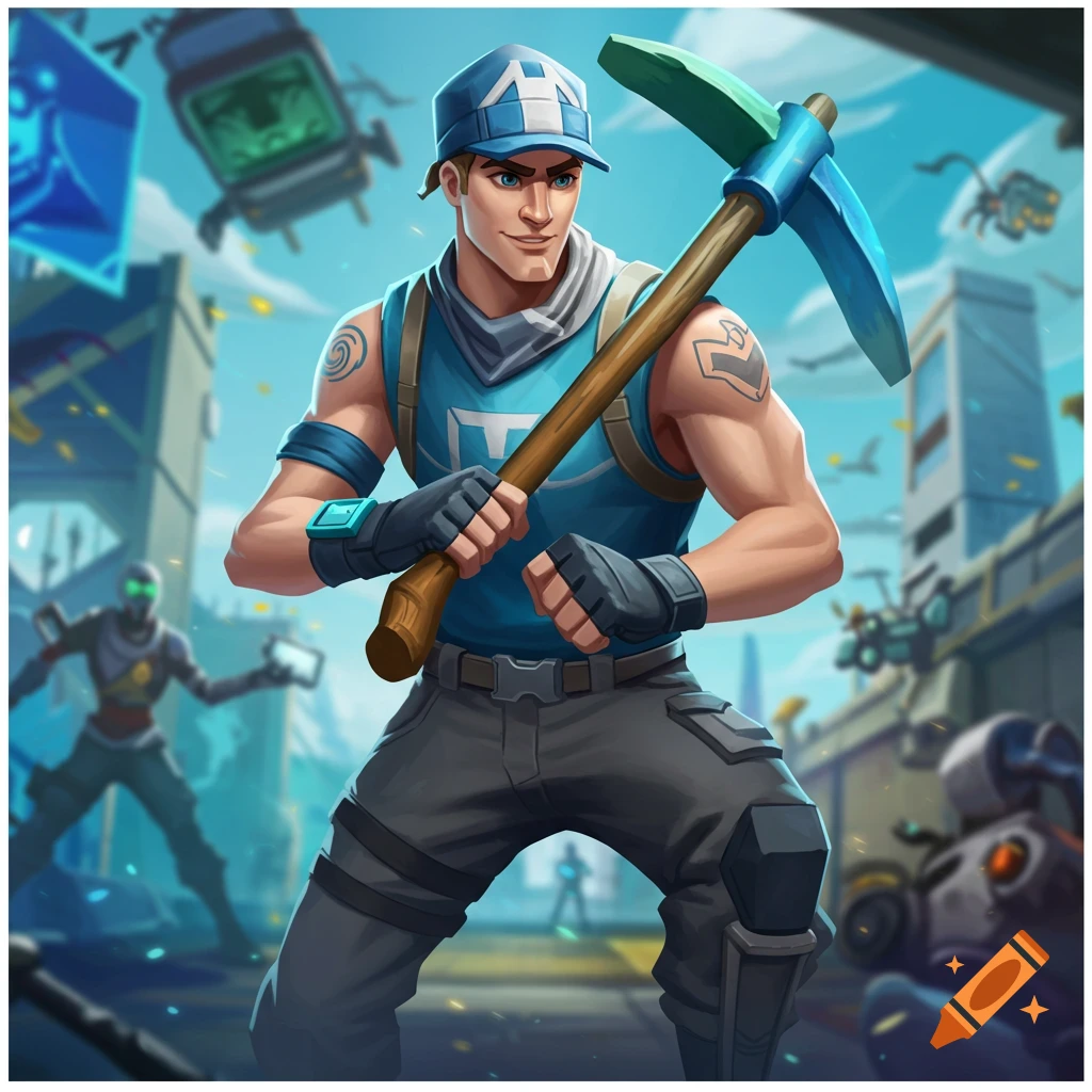 Cartoon male character in blue tank top and hat holding a pickaxe in a video game cityscape.