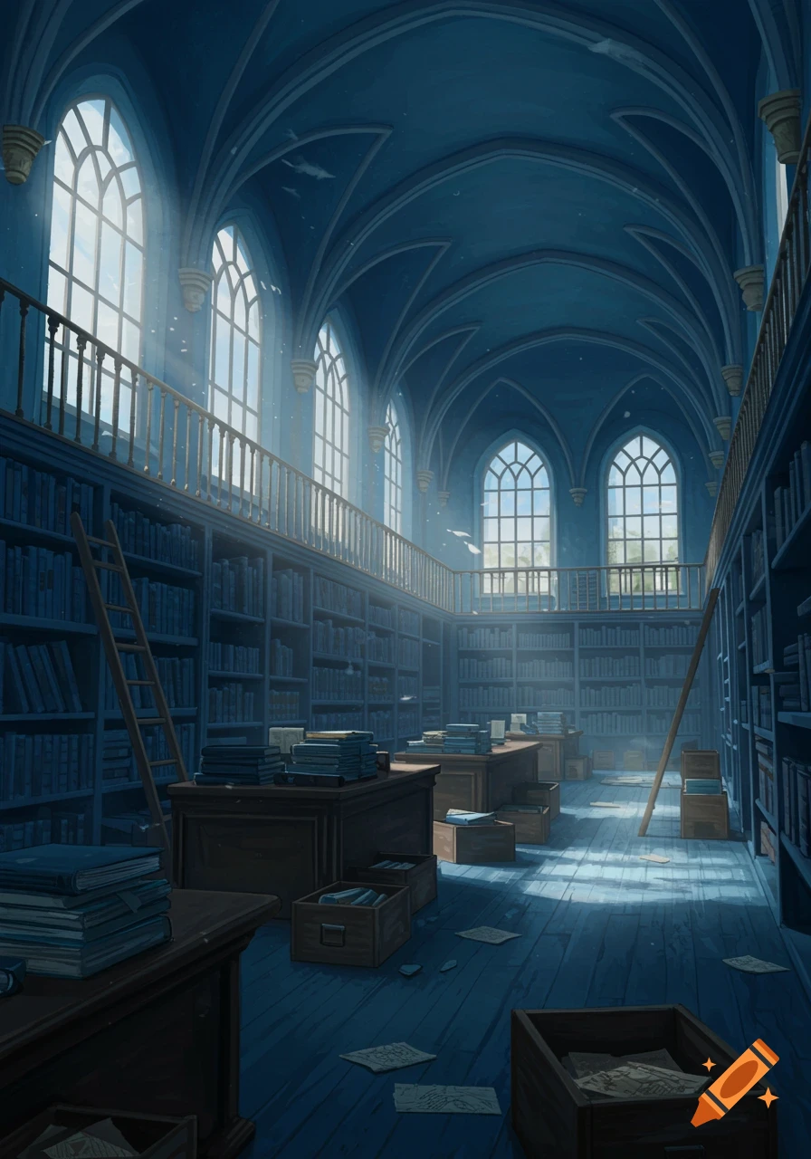 A large, gothic-style library with tall arched windows, multi-level bookshelves, and scattered desks, illuminated by sunbeams.