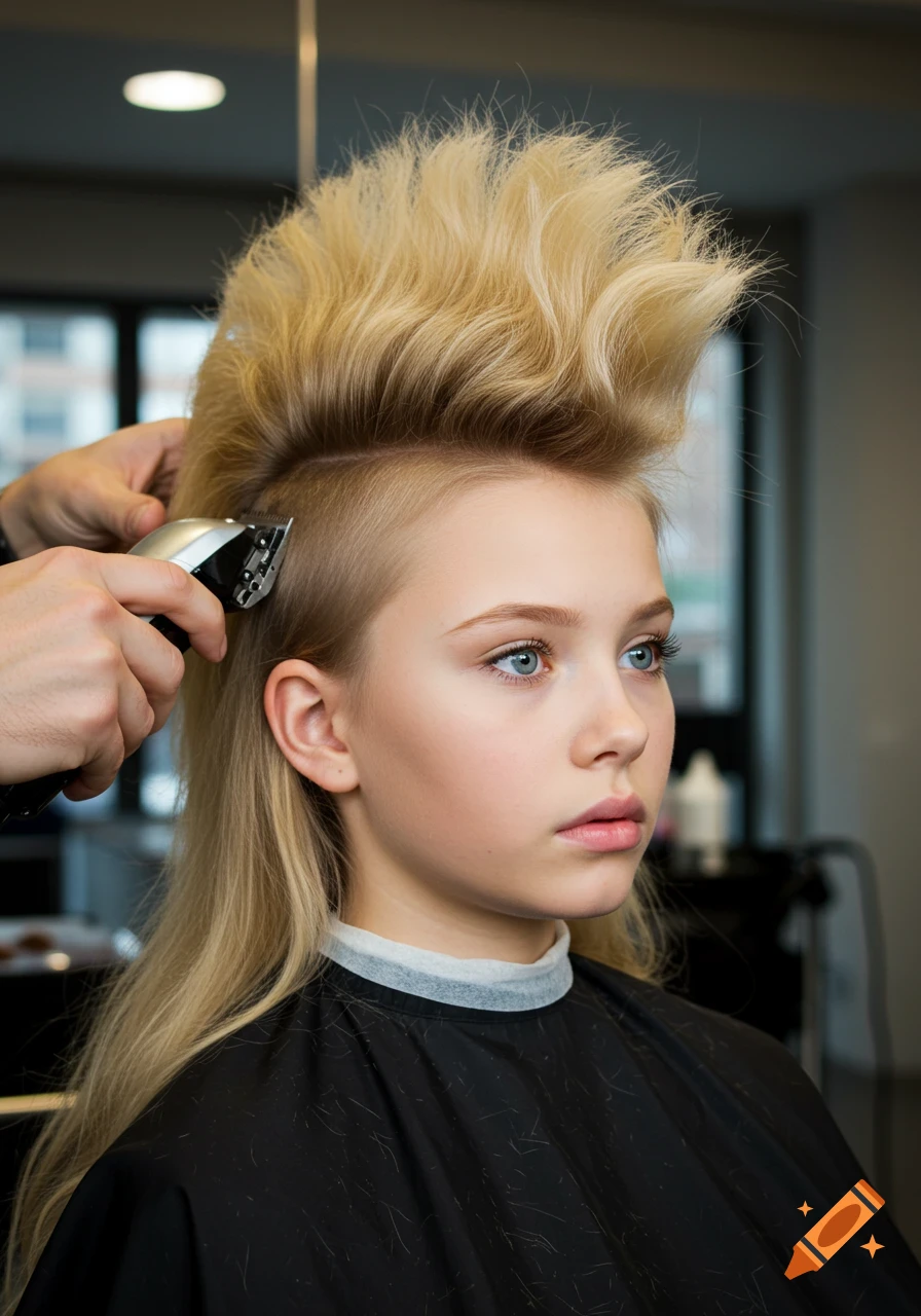 A young blonde girl with a spiky mohawk and long side ponytail gets her hair trimmed by a barber with clippers in a salon.