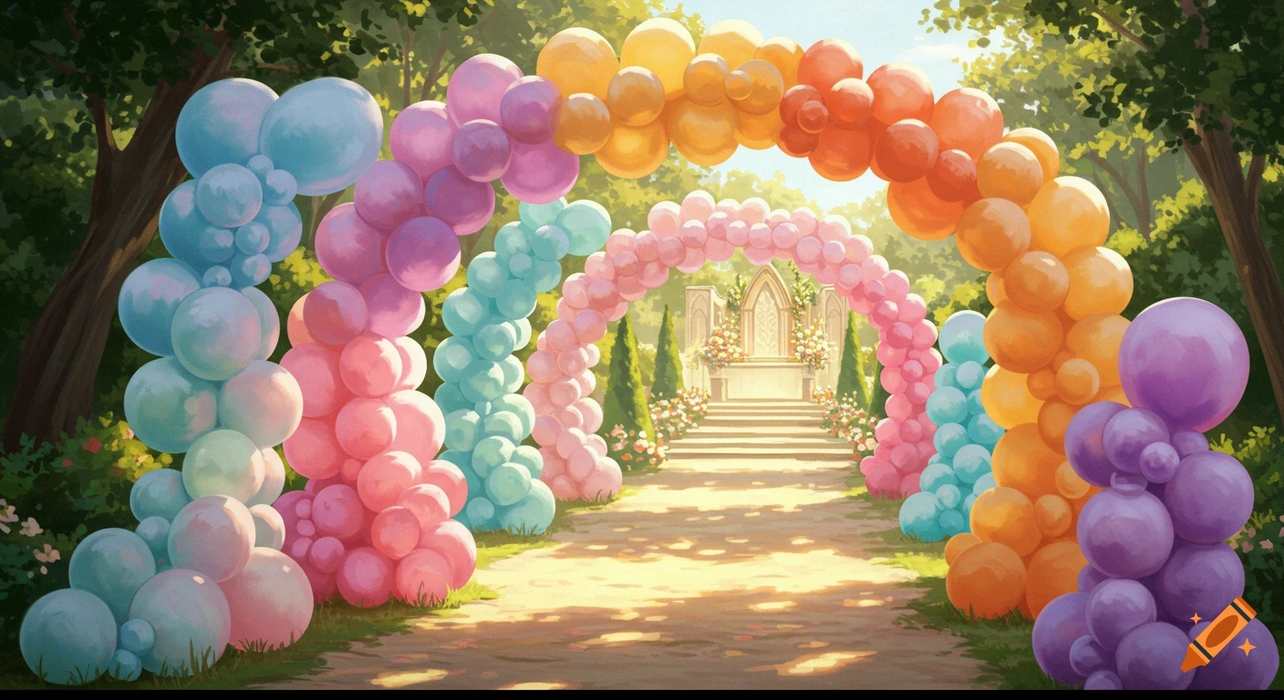 Colorful balloon arches line a path leading to an altar in a sunny garden illustration.