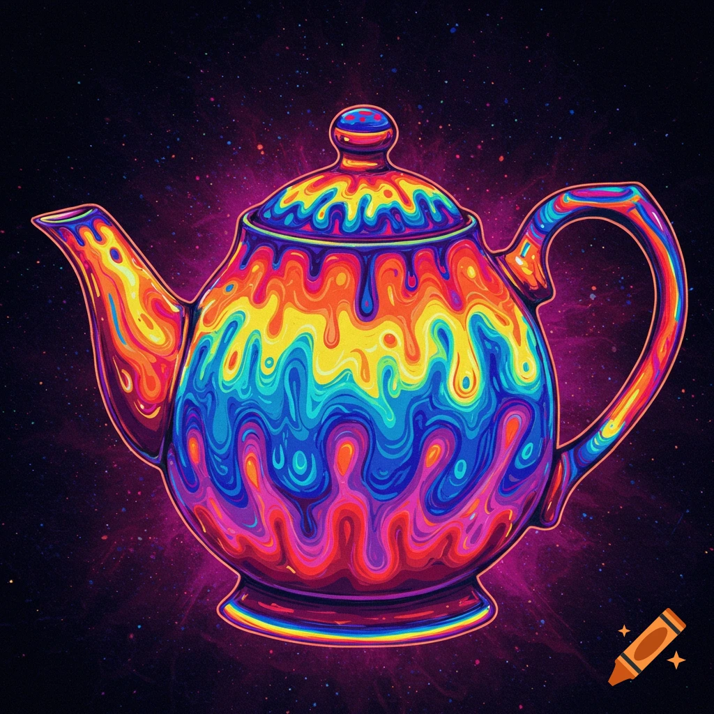 A vibrant psychedelic teapot with dripping rainbow colors against a dark, starry background.