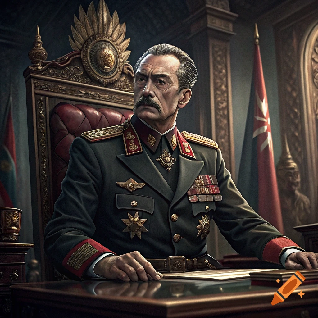 Photorealistic portrait of a stern man in a detailed military uniform ...