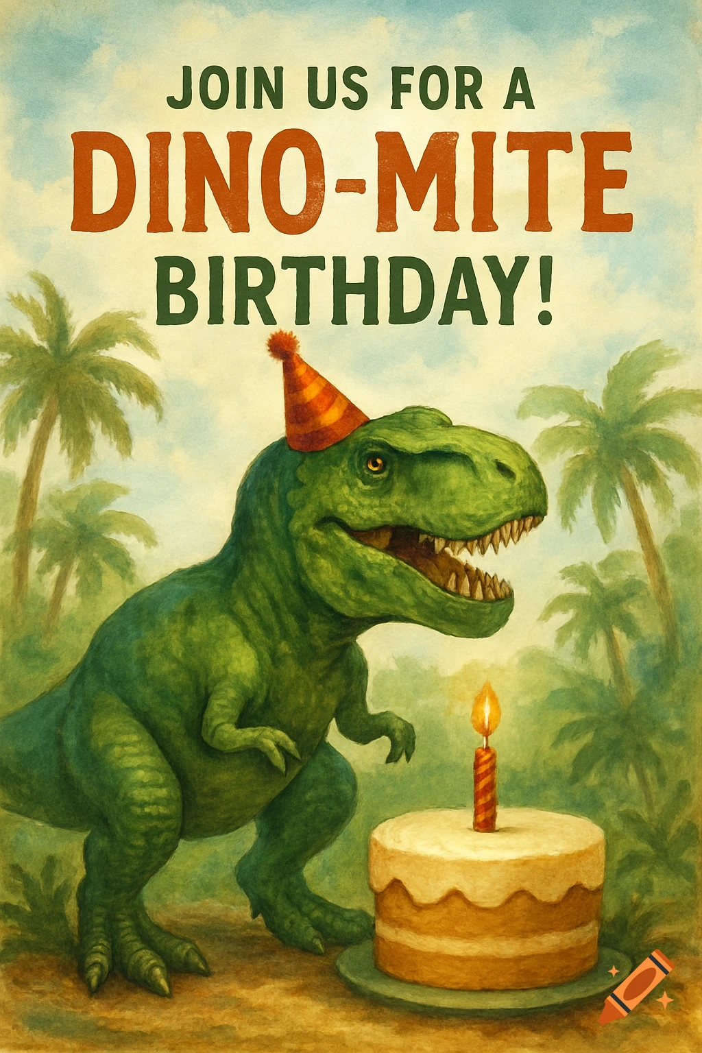 A painted dinosaur wears a party hat next to a birthday cake with text "JOIN US FOR A DINO-MITE BIRTHDAY!"