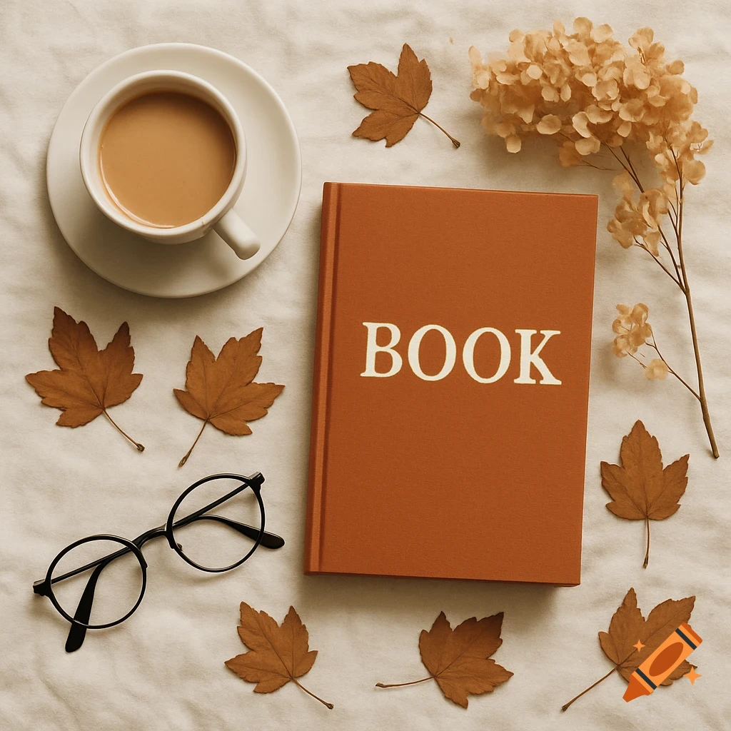 Flat lay of an orange book with 'BOOK' on its cover, a white coffee cup, reading glasses, and scattered autumn leaves on a light fabric surface.