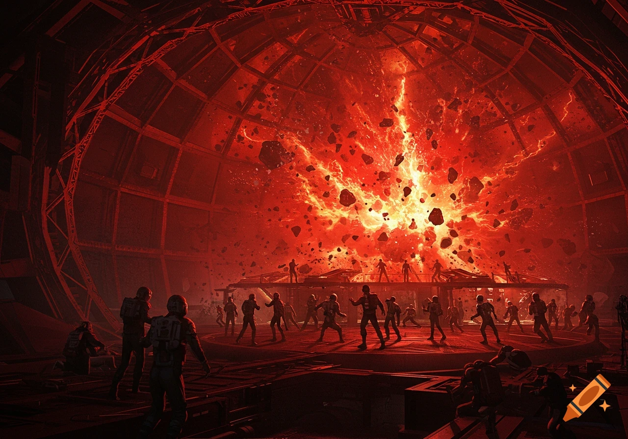 A dramatic red explosion with debris inside a spacestation dome, with silhouetted people scattering. Sci-fi disaster scene.