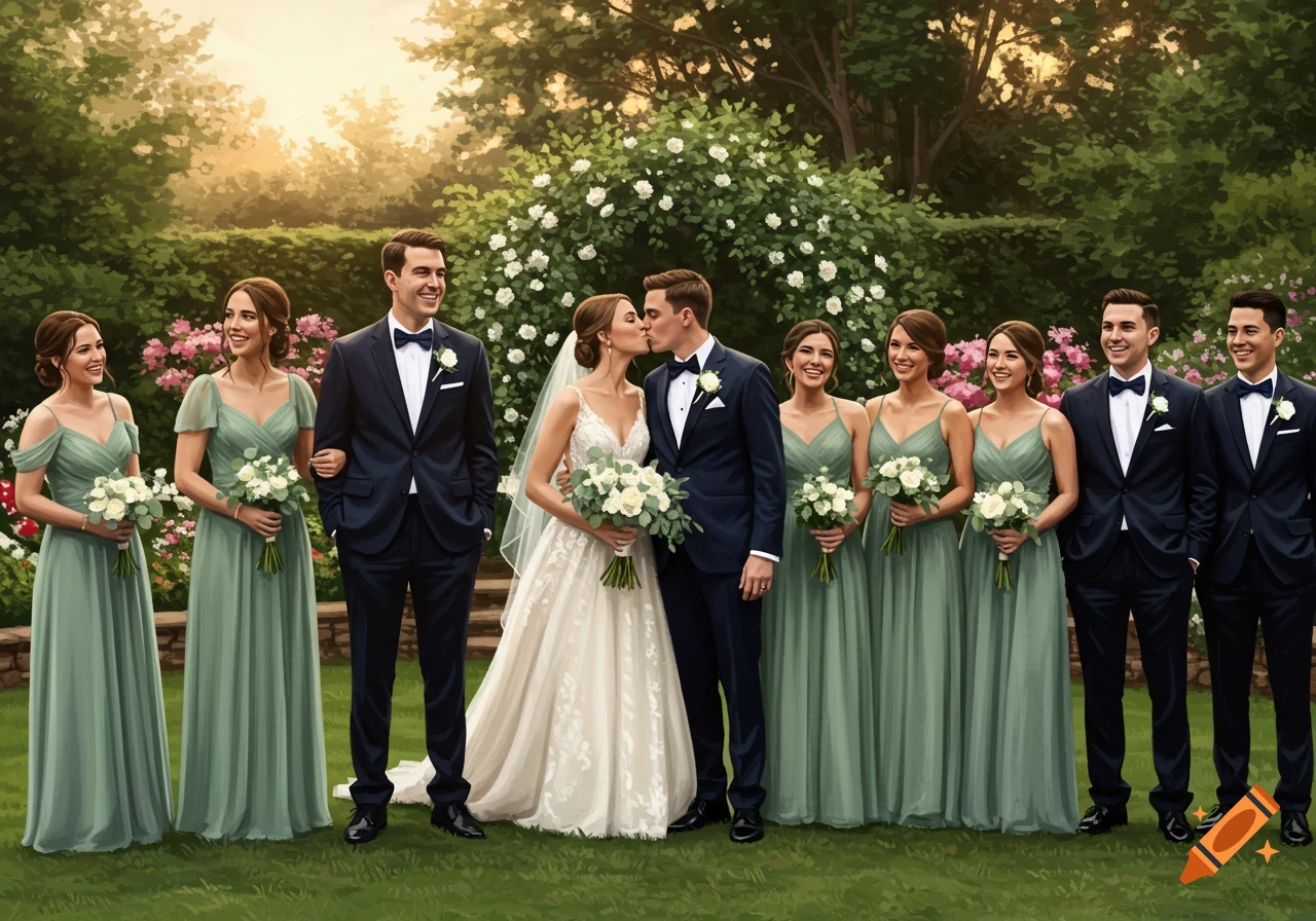 A wedding party in a lush garden with a floral arch, featuring the bride and groom kissing, bridesmaids in green, and groomsmen in black tuxedos.