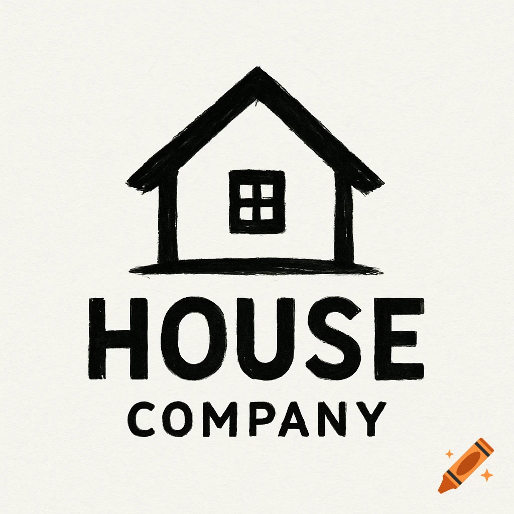 A black and white hand-drawn logo featuring a house icon above the words "HOUSE COMPANY".