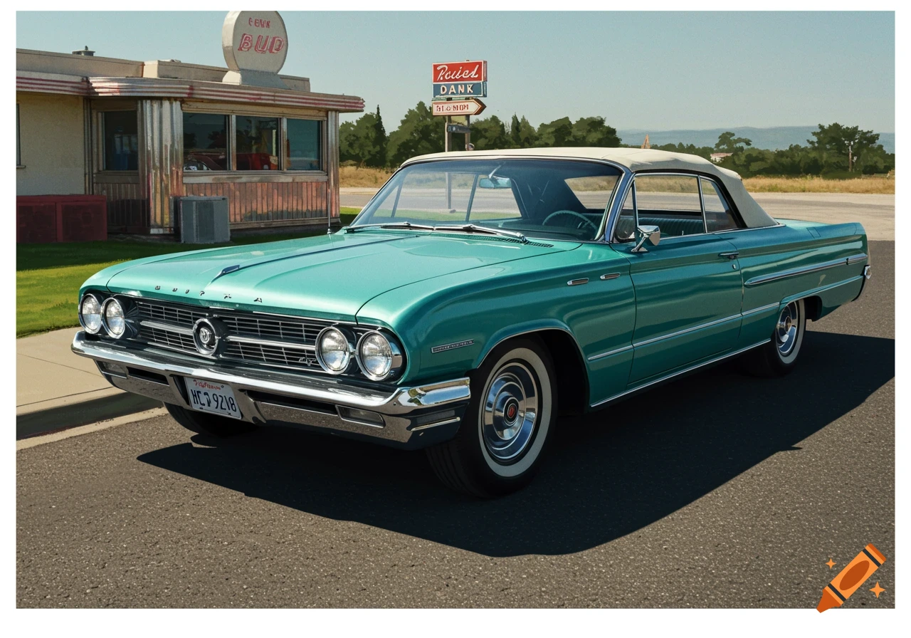 A teal 1961 Buick Electra 225 convertible is parked on a road in front of a diner.