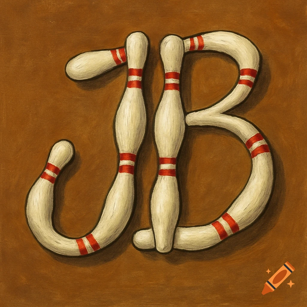 The initials JB formed by bowling pins on a brown background, styled like a painting.