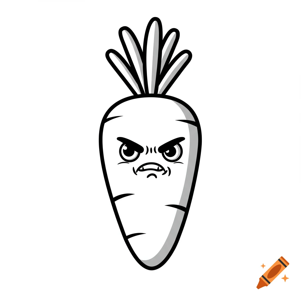 Black and white illustration of an angry carrot.