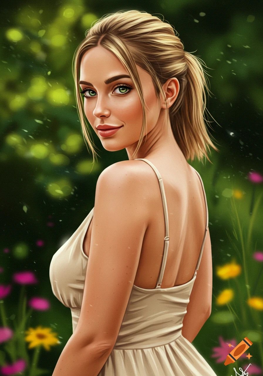 Portrait of a woman with green eyes looking over her shoulder in a garden