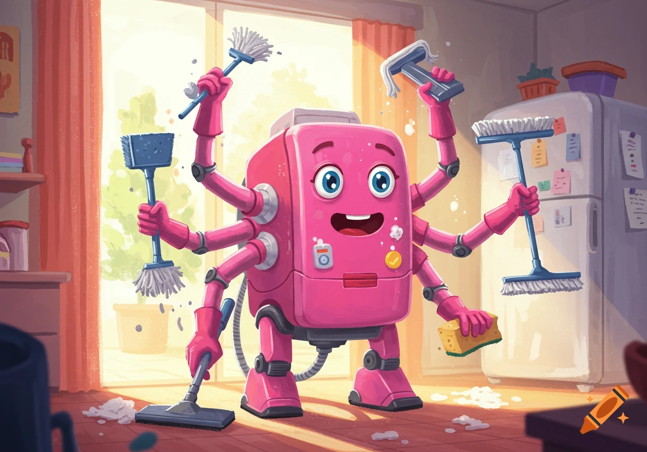A pink, multi-armed cartoon robot smiles while using various cleaning tools in a sunny kitchen.