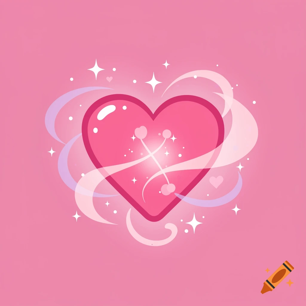 A stylized pink heart with sparkles and swirls on a pink background.