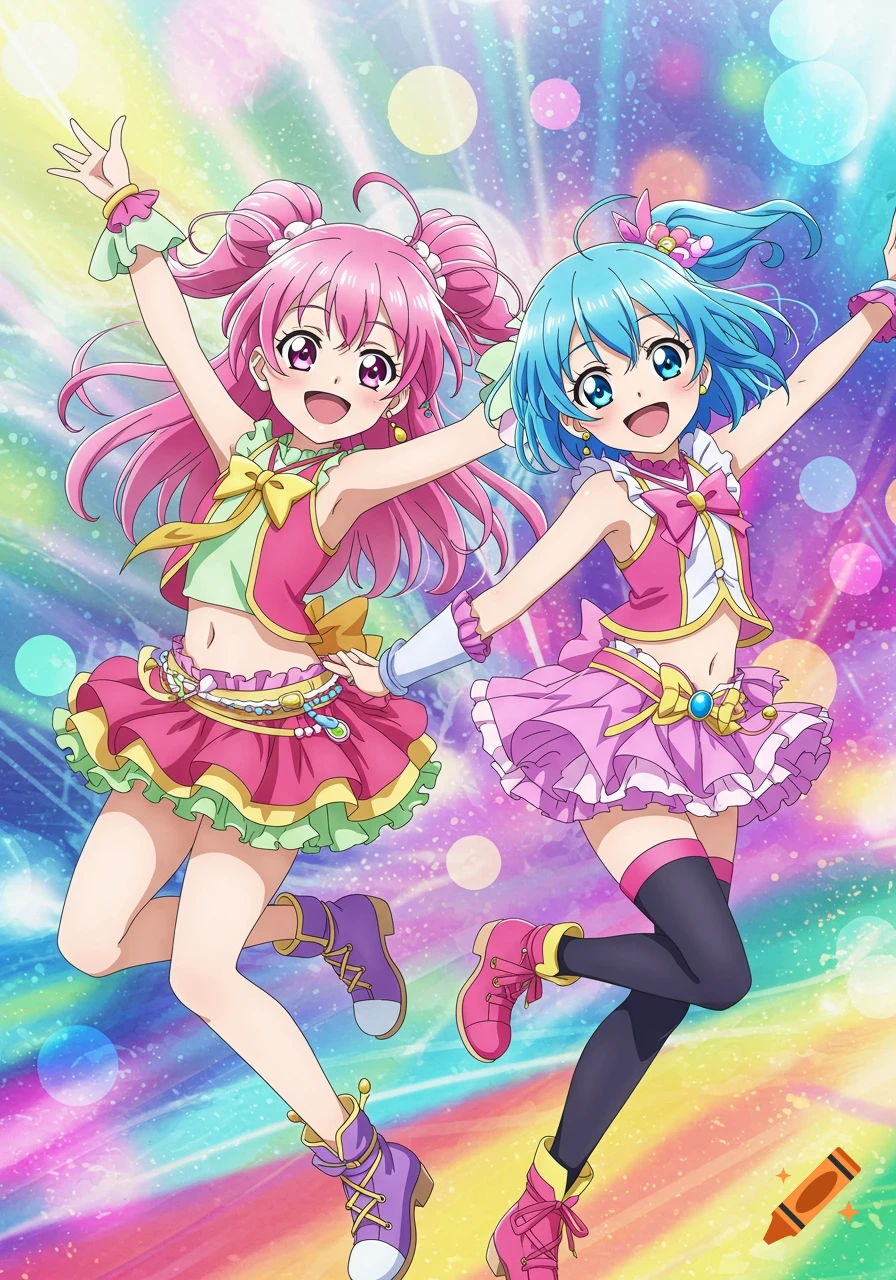 Two anime girls with pink and blue hair smiling and dancing.