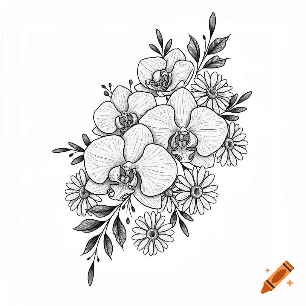 Black and white illustration of a bouquet of orchids and daisies, resembling a tattoo design.
