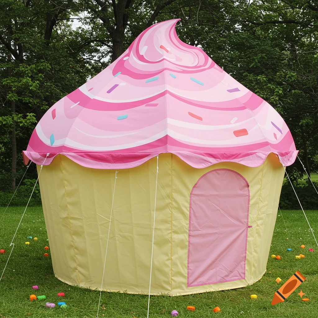 A large cupcake-shaped tent with pink frosting and sprinkles on a yellow base, a pink door, set on green grass.