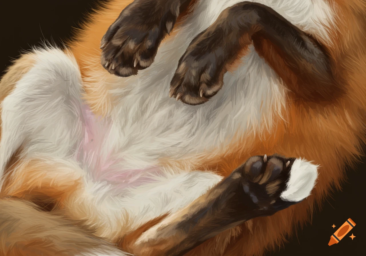 Close-up digital painting of a fox lying on its back, showing its orange and white fur belly and paws.
