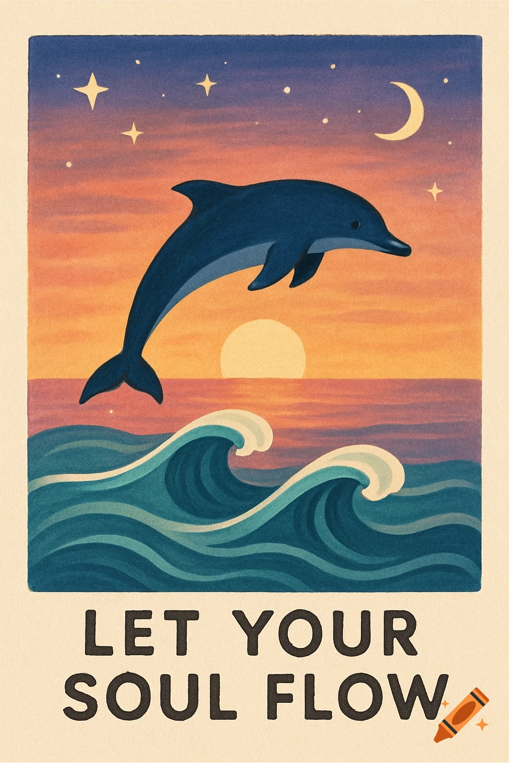 A stylized painting of a blue dolphin leaping over blue waves at sunset with stars and a moon in the sky, featuring the text 'LET YOUR SOUL FLOW'.