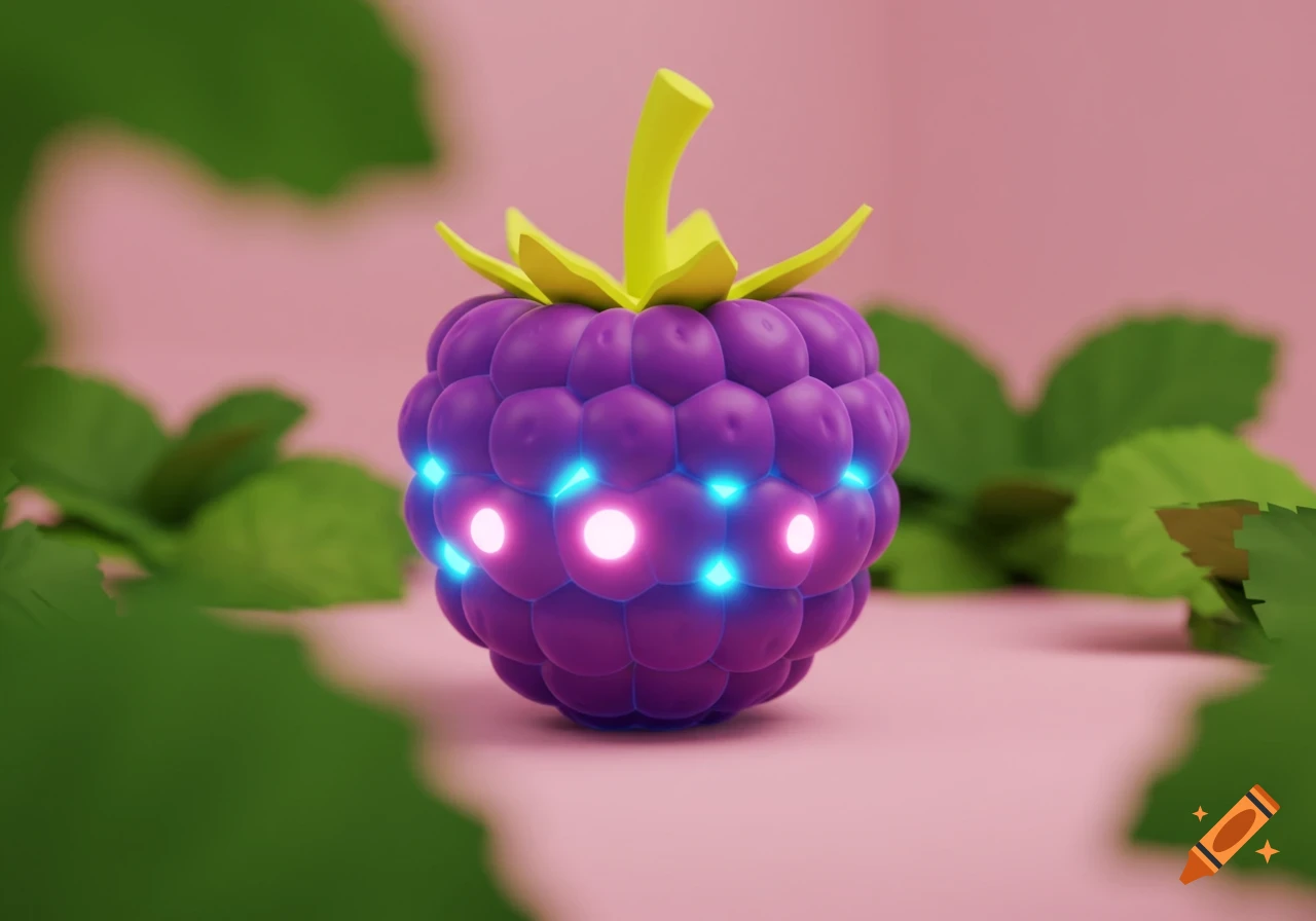 A stylized purple berry with glowing pink and blue lights and green leaves.