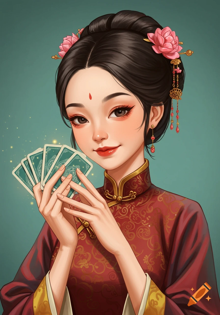 Digital illustration of a young woman in a red traditional Chinese dress, holding a fanned deck of cards.