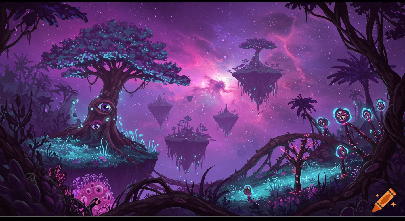 Psychedelic alien landscape with floating islands, glowing plants, and trees with eyes under a galaxy sky.