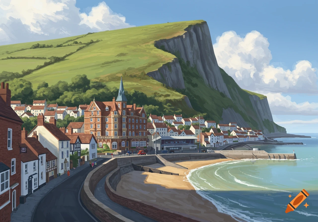An animated painting depicts a charming coastal town with red-roofed buildings alongside a beach, overlooked by a large green cliff.