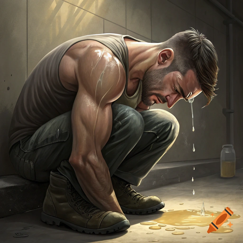A muscular man in a tank top and pants squats on a grimy floor, crying with tears dripping into a puddle of yellow liquid, appearing distressed.