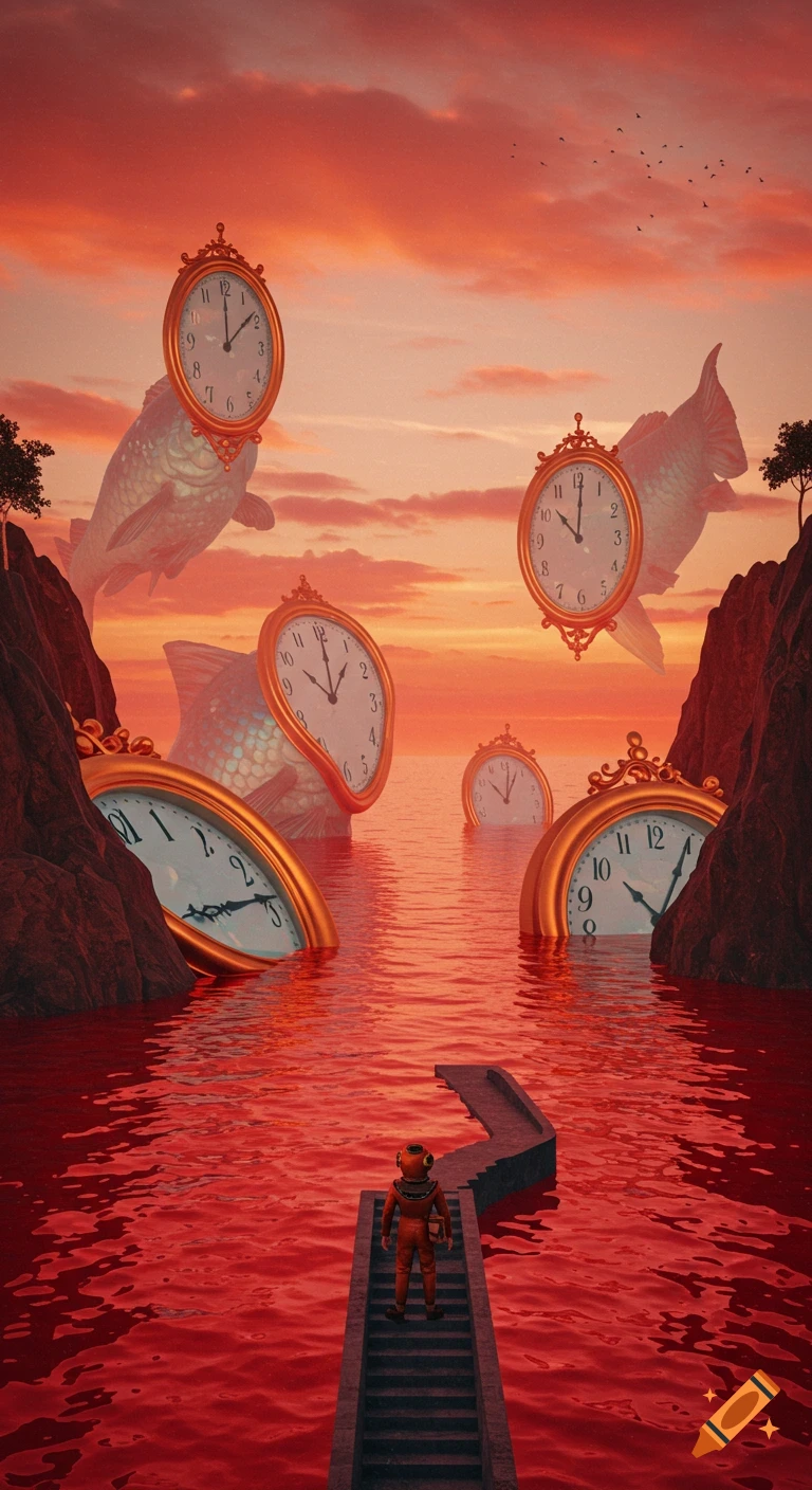 Surreal scene with a diver on a path, flying fish, and melting clocks in a red ocean at sunset.