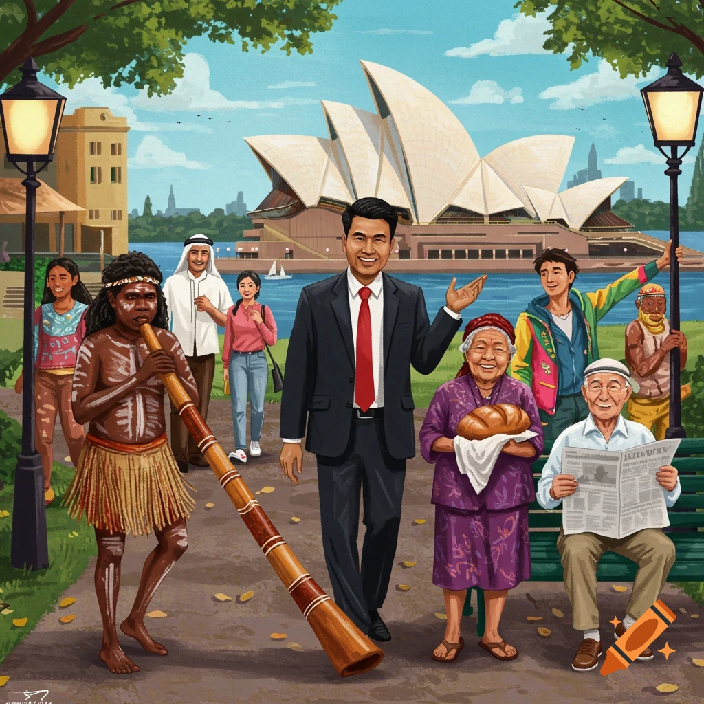 Illustrative scene of diverse people in front of the Sydney Opera House, including person playing didgeridoo and man in suit.