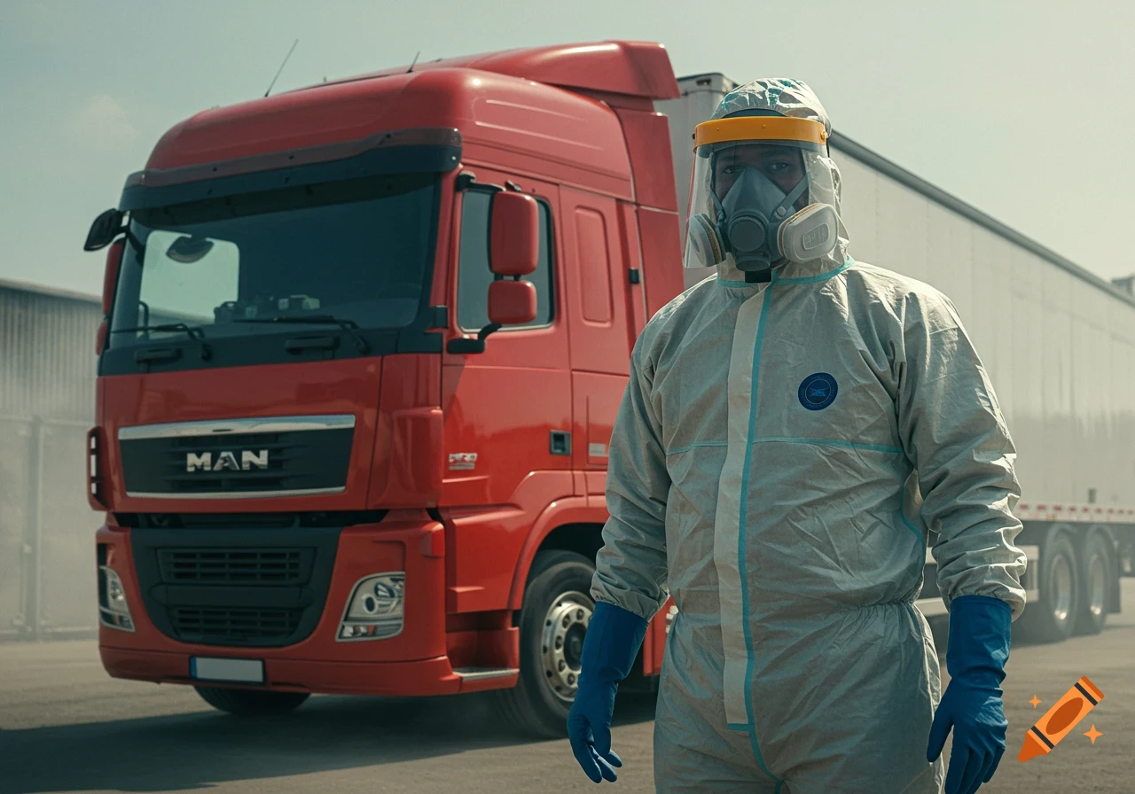 Photorealistic image of a person in a full hazmat suit with a gas mask standing in front of a large red truck.