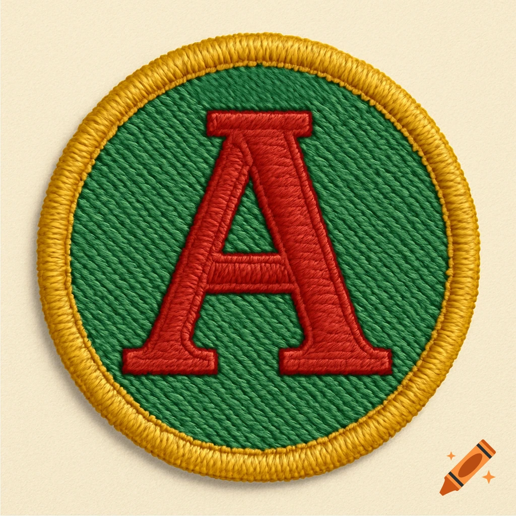 A close-up of a circular embroidered patch with a red letter A on a green background, bordered by a gold thread.