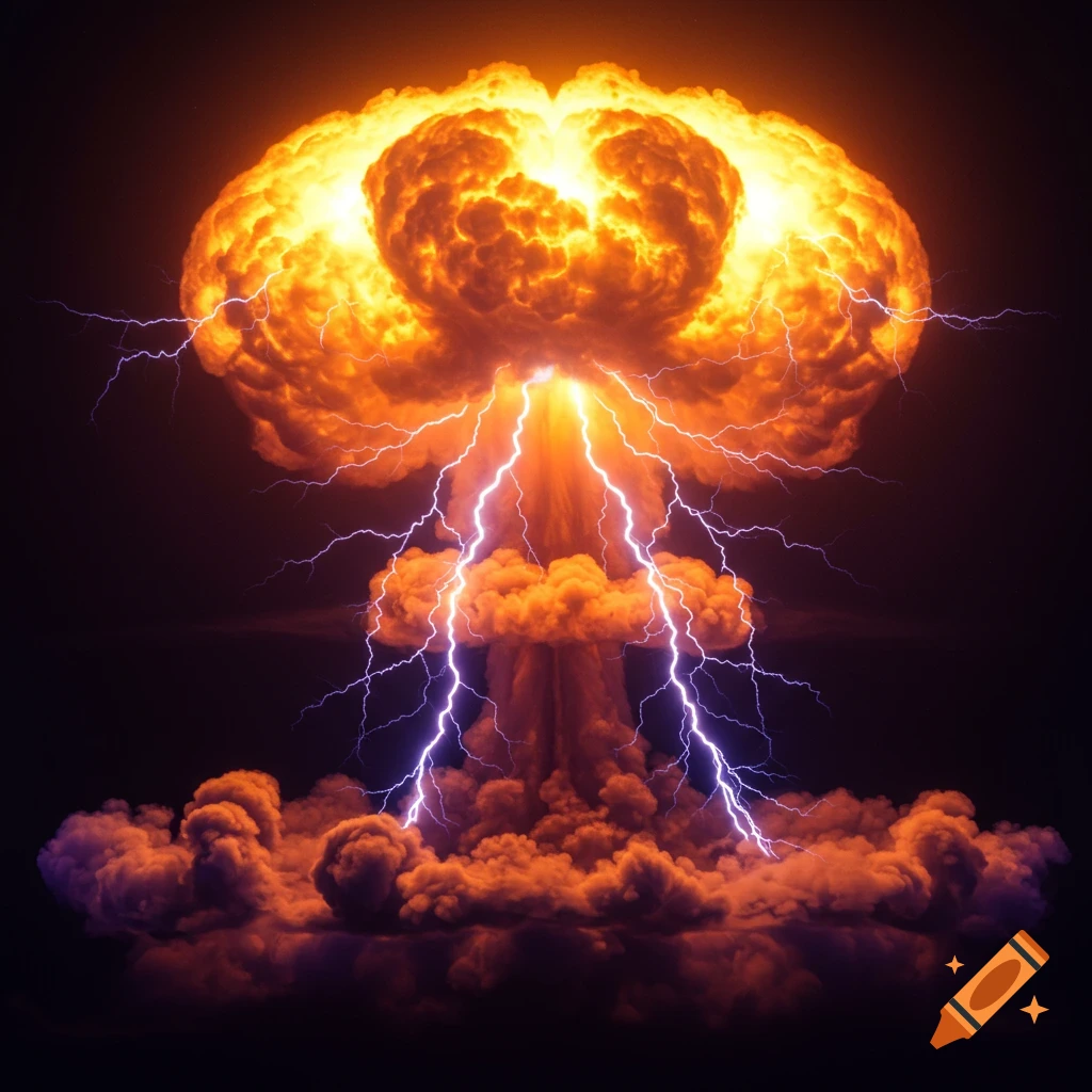 Stylized nuclear mushroom cloud with lightning strikes