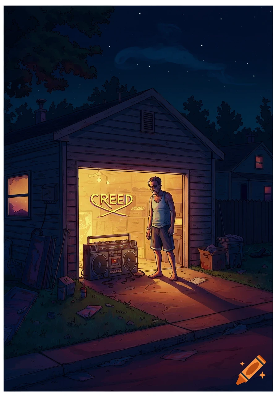 An illustration of a person standing barefoot in a dimly lit garage doorway at night next to a large boombox.