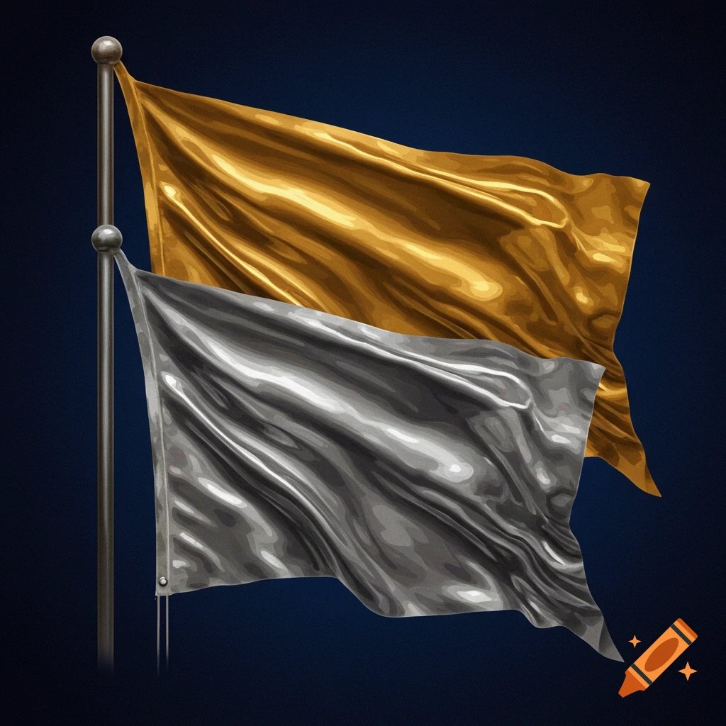 Golden and silver metallic flags on a pole against a dark background