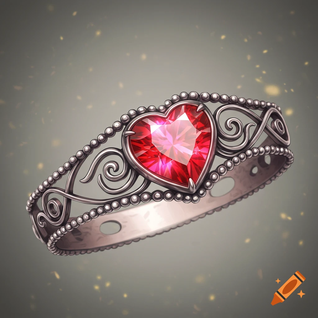 A silver ring with intricate beaded and spiral metalwork, centered with a large faceted red heart-shaped gemstone, on a dark background.