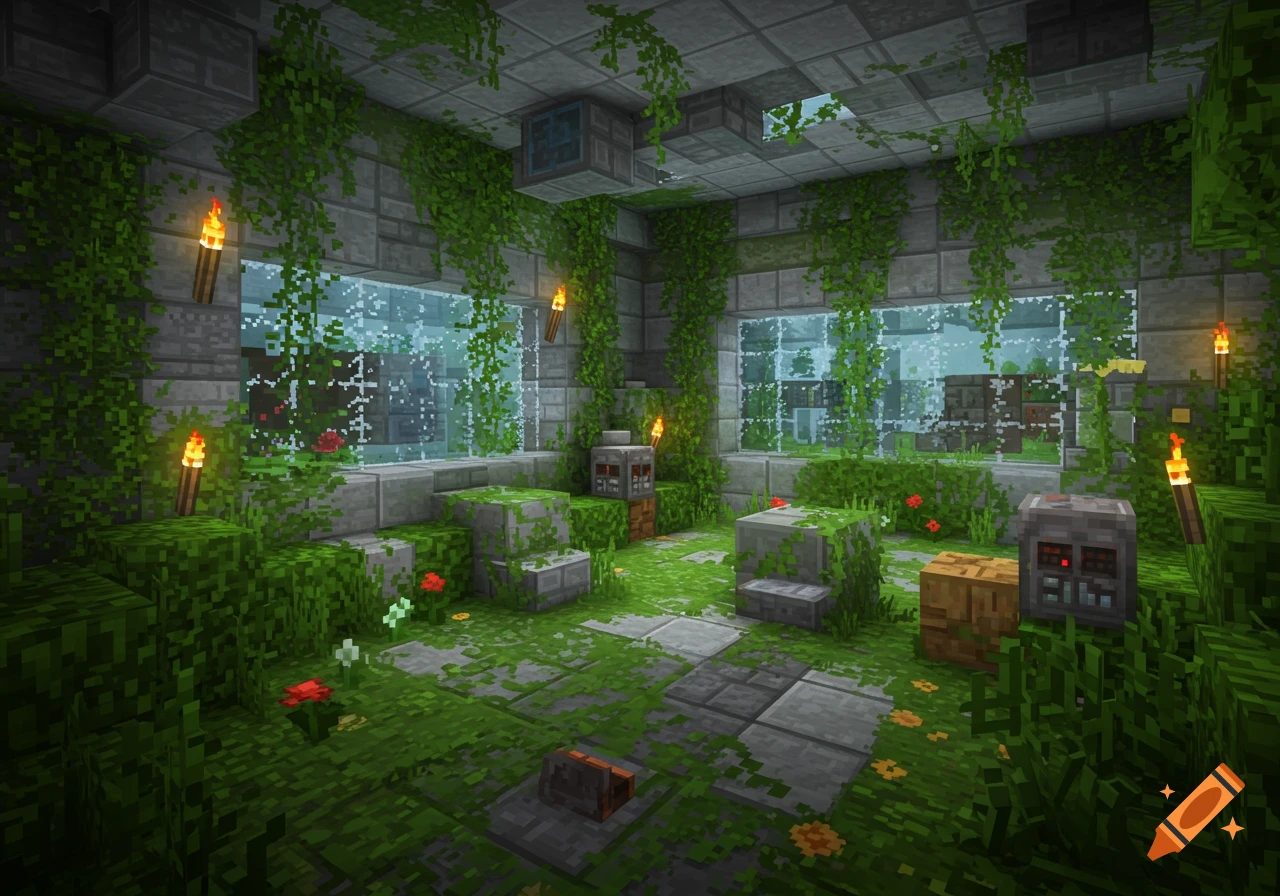 Overgrown Minecraft-style abandoned room with vines, torches, windows, and mossy stone blocks.