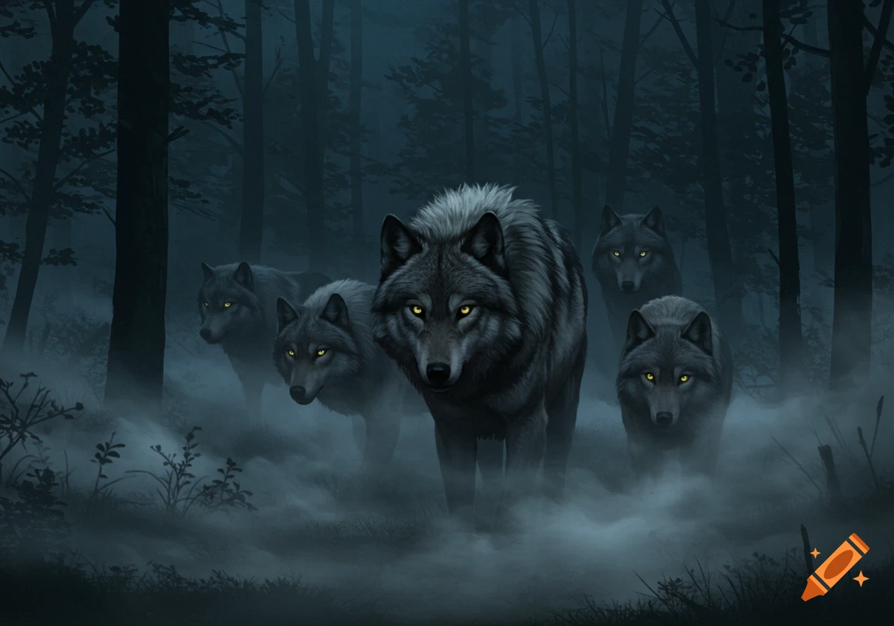 A pack of grey wolves with glowing yellow eyes emerges from dense fog in a dark forest at night, their gazes fixed forward.