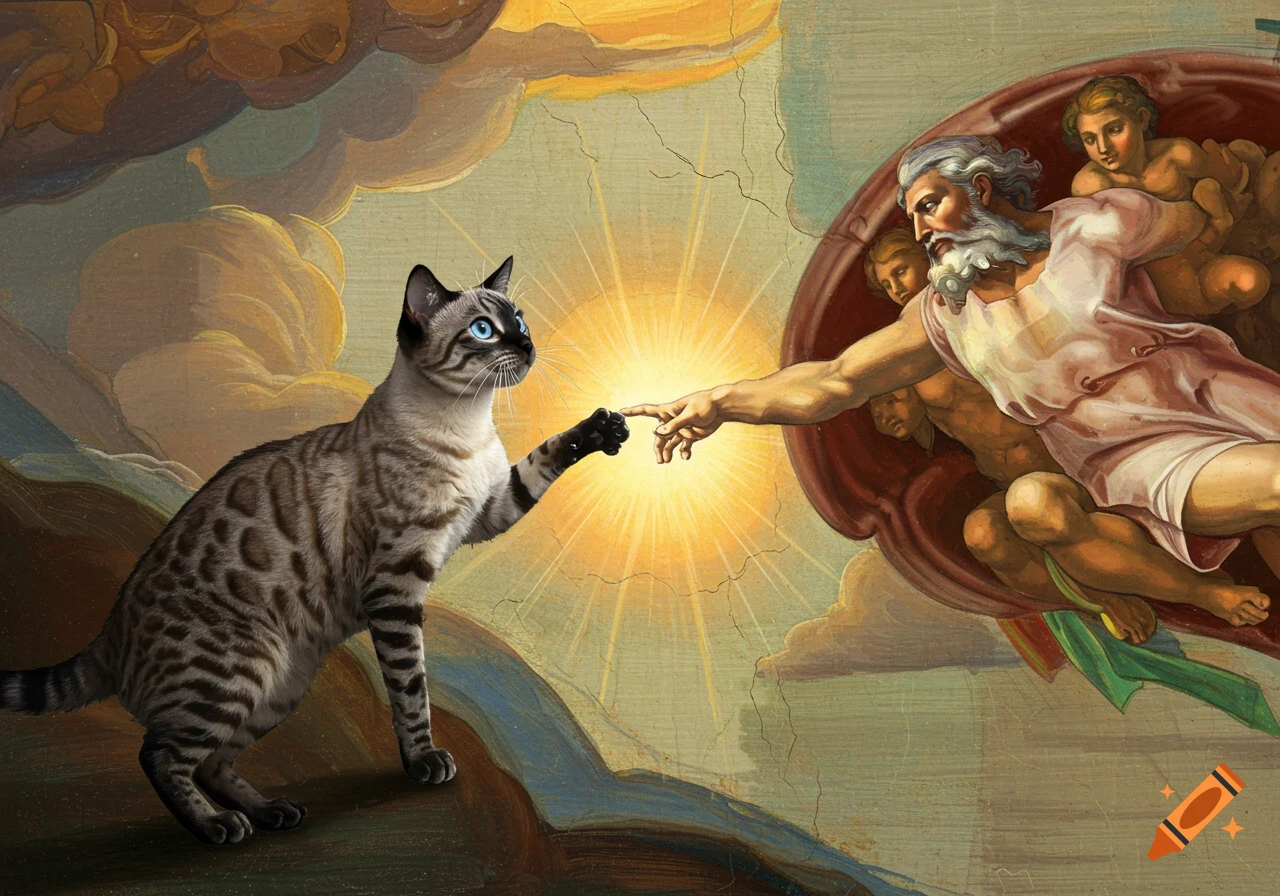 A Siamese-Bengal cat extends its paw towards God's finger in a parody of Michelangelo's The Creation of Adam, in a painted style.
